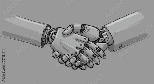 Robotic and Human Handshake Symbolizing Technology and Partnership