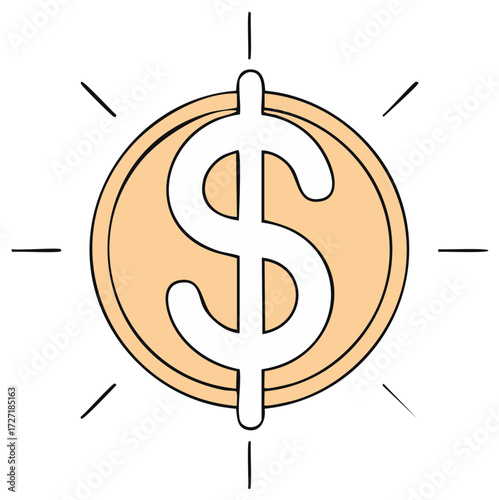 Cartoon dollar sign coin with lines radiating outwards