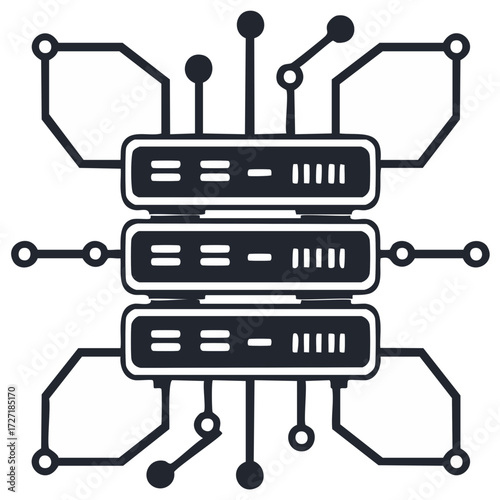 Data center server stack icon with abstract circuit board design