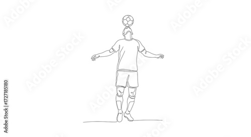 Minimalist single line drawing of a soccer player balancing a ball on his head with arms outstretched in a white background