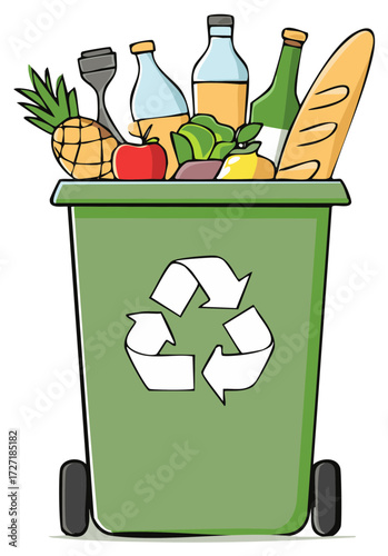 Green Recycling Bin Overflowing with Household Groceries, Food Waste, and Bottles Illustration