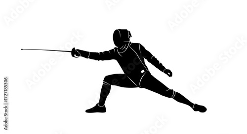 Dynamic silhouette of a fencer in a lunging pose with sword extended ready for combat on a white background