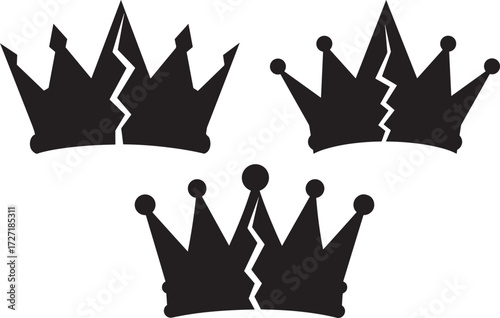 Three black cracked crown silhouettes on a white background silhouette