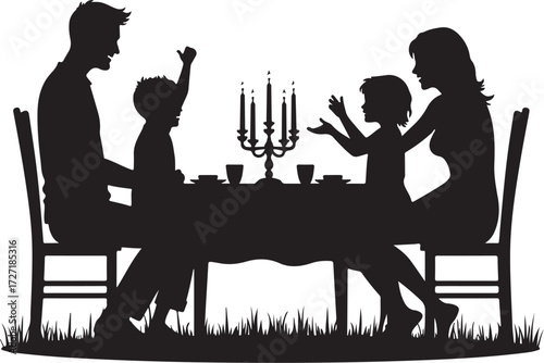 Family silhouette at dinner table with candelabra vector