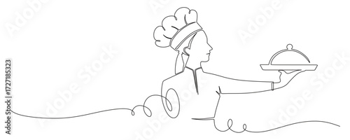 Continuous line art of a female chef carrying food in her hands. This icon is for a banner sticker or restaurant logo.