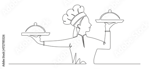 Continuous line art of a female chef carrying food in her hands. This icon is for a banner sticker or restaurant logo.
