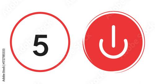 A bold black number five inside a red circle next to a red power button symbol on a clean white background