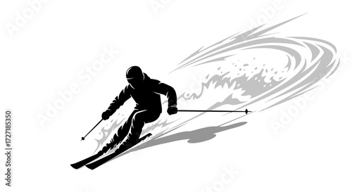 Dynamic silhouette of a skier carving down a snowy slope creating a swirling spray of snow and motion trails