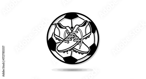 Stylized black and white graphic illustration of soccer cleats crossed over a soccer ball with a subtle shadow effect