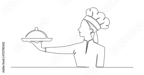 Continuous line art of a female chef carrying food in her hands. This icon is for a banner sticker or restaurant logo.