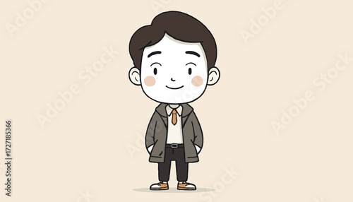 Cute cartoon illustration of a smiling businessman in business casual attire—jacket, shirt, tie, trousers. Perfect for corporate, office, career, and workplace stock projects.