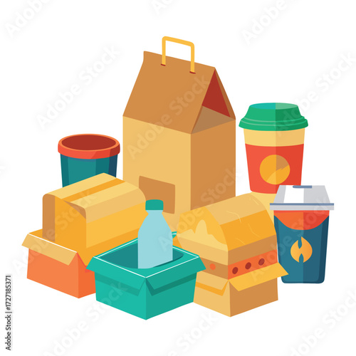 Fast food packaging set illustration with paper boxes, cardboard containers, juice carton, and takeaway cups with straws, colorful vector design on white background
