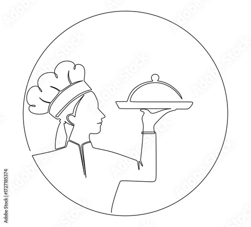 Continuous line art of a female chef carrying food in her hands. This icon is for a banner sticker or restaurant logo.