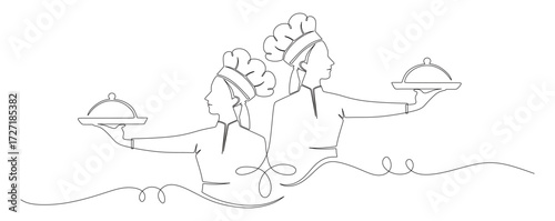 Continuous line art of two female chef carrying food in her hands. This icon is for a banner sticker or restaurant logo.