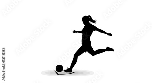 Silhouette of a female soccer player kicking a ball with dynamic motion and a white background