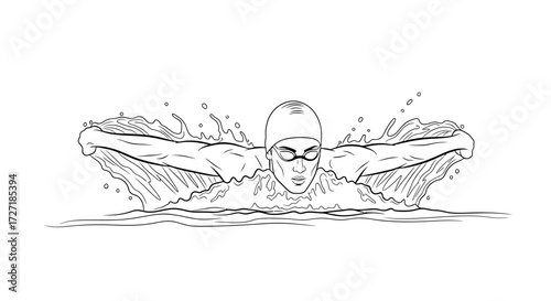 Dynamic black and white line art illustration of a determined swimmer performing the butterfly stroke with powerful arm movements and splashing water