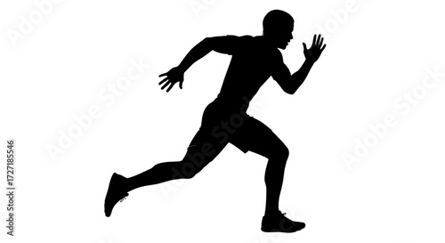 Dynamic silhouette of a male athlete sprinting forward with determination and speed on a clean white background