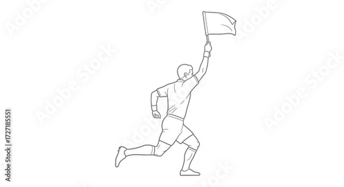 Dynamic line art illustration of a soccer referee running with a flag raised high indicating a call during a game