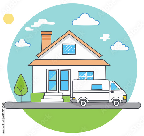 Moving Van Arriving at a House with Sunny Sky Home Relocation Concept