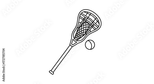 Simple black and white line art illustration of a lacrosse stick and ball on a white background representing the sport of lacrosse