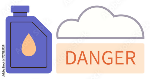 Hazardous liquid bottle with bold DANGER label and cloud frame. Ideal for safety, toxicity, warning, environment, pollution, risk management, and education themes. Simple flat metaphor
