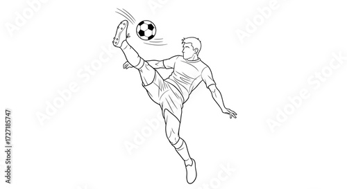 Dynamic line art illustration of a soccer player executing a bicycle kick with a football in mid air against a white background
