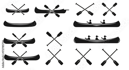 Collection of black silhouette canoe and paddle icons representing various water activities and outdoor adventures on a white background