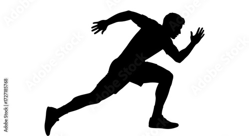 Silhouette of a male athlete in motion captured mid stride during a sprint with dynamic arm and leg positioning against a clean white background