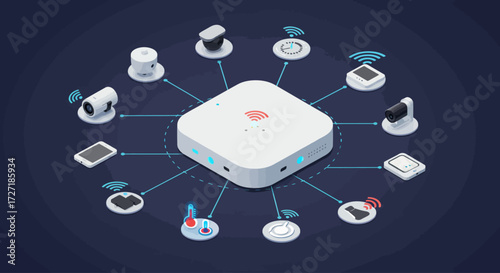 Smart Home IoT Network Hub Connecting Modern Devices for Automated Living and Enhanced Control