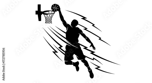 Dynamic silhouette of a basketball player performing a powerful dunk with lightning bolt accents against a white background