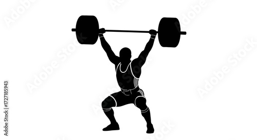 Powerful silhouette of a weightlifter performing a clean and jerk with a barbell overhead in a dynamic pose