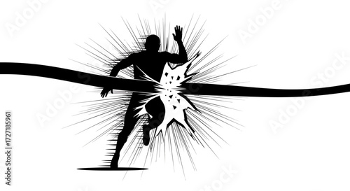 Silhouette of a runner breaking through a finish line with a burst of speed and energy radiating outwards in a dynamic graphic illustration
