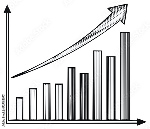 Hand drawn bar chart with upward arrow showing business growth and success