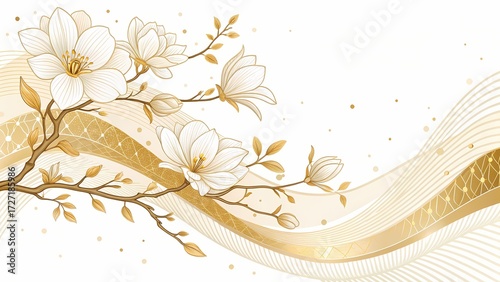 Luxurious White Magnolia Blossoms on a Branch with Abstract Golden Wavy Lines and Glittering Particles on a White Background