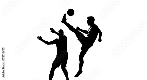 Two dynamic soccer players in silhouette engaged in a mid air challenge for the ball during a competitive match on a white background