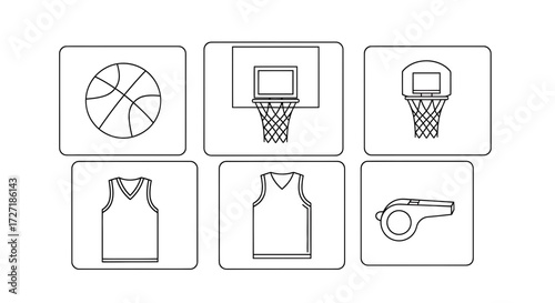 Collection of simple line art icons depicting basketball equipment including a ball a hoop a jersey and a whistle