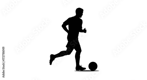 Silhouette of a male soccer player running with the ball at his feet on a white background capturing the dynamic action of the sport