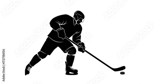 Dynamic silhouette of a hockey player in action skating with stick and puck on white background