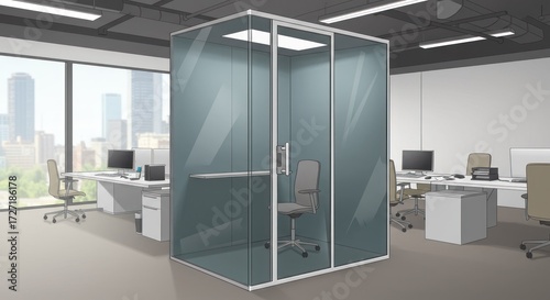 Office privacy pod illustration with chair inside glass enclosure