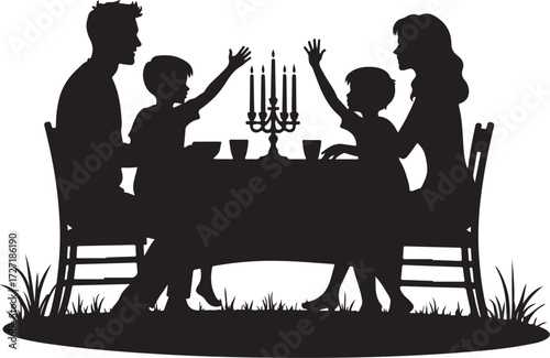 Family silhouette at dinner table with candelabra vector