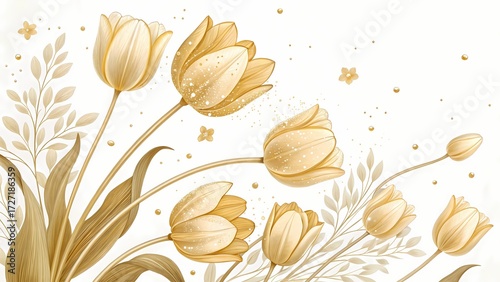 Elegant Golden Monochromatic Tulip Flowers and Botanical Leaves on White Background for Luxury Wedding Invitation and Spring Design