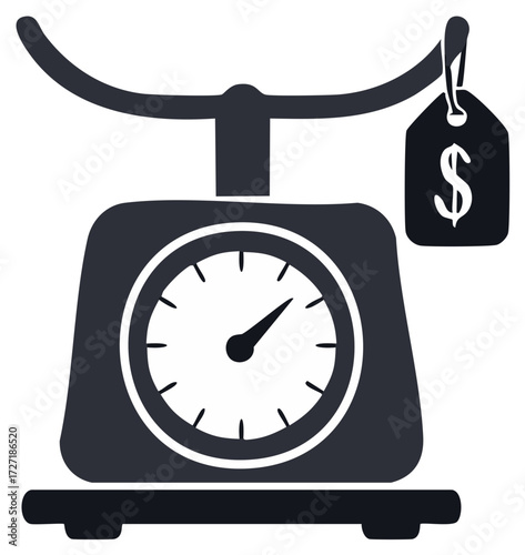 Concept of value and price with a retro weighing scale and dollar sign price tag icon