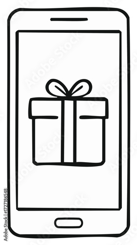 Smartphone display shows a hand drawn gift box with ribbon and bow offering a surprise present