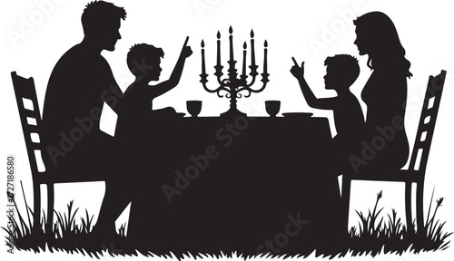 Family silhouette at dinner table with candelabra vector
