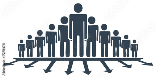 Corporate hierarchy icon with a manager leading a team and delegating tasks
