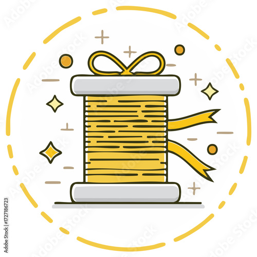 Festive gold ribbon spool with a gift bow and sparkles vector icon for crafting