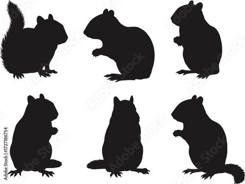 Silhouette collection of chipmunks, rodents, squirrels, small mammals in various poses, isolated black vector animal set for design, illustration