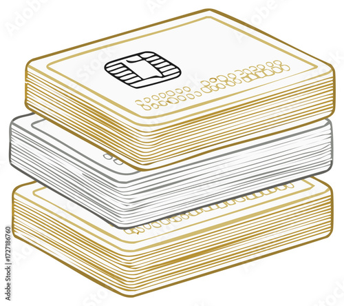 Stack of payment cards with chip and number details in gold and silver tones