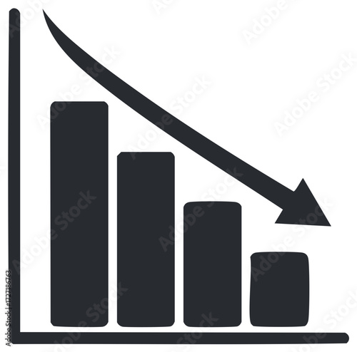 Decreasing bar graph icon with a downward trend arrow representing financial loss and recession