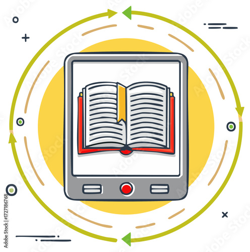 Digital Reading Device Concept with Open Book Image in Tablet surrounded by Arrows. Doodle Style